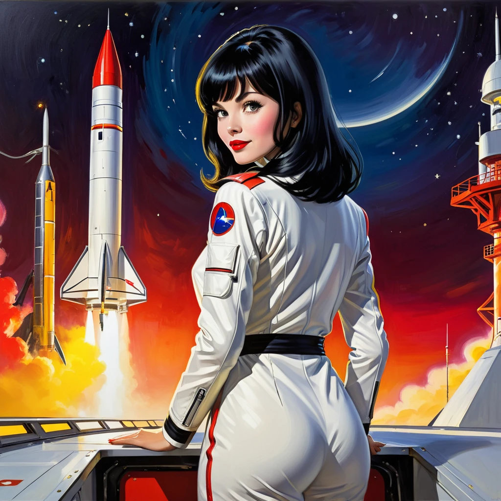 High-quality realistic acrylic painting, VIVID COLORS, back point a view, a beautiful european woman with shoulder-length black straight hair, bangs, looking at the viewer with suspicious face and a shy smile, red lips, she wears white space suit, hands in the waist, dramatic yellow red lights, background night in 60´s rocket launch platform