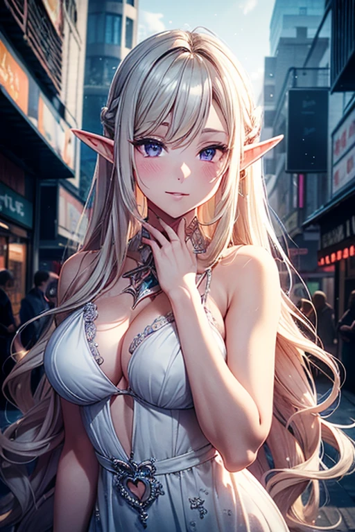 1 Elf Girl, one person, (Beautiful elf lady in love), Honey Blonde Hair with Silvery White Ends, (Extra long wavy hair), Hair, One-side lock, Shiny hair, (Symphony Purple Eyes), High-definition and delicate eyes, Colorful eye makeup, Red lips, Ultra-delicate facial care, Elf pointed ears that curl upwards, Porcelain skin, Warm skin tones, Little blush, whole body, Extremely detailed, rest, 
  Maxi dress with white details, Pattern-printed clothes, classic and simple clothing masterpiece, (Several hearts are spinning around the body), ( _Giving Heart:1.4
), rest, 
  Walking in the street, In the cyberpunk future city, Ancient streets, Starry night sky, meteor, cloud, neon, Pink Heart, Detailed background, rest, 
  whole body, Photography Art, Shallow depth of field, 8k Photo, Chiaroscuro, spark, Volumetric Lighting, Edge lighting, 工作室light, light, (Practical, photoPractical, photo-Practical:1.37), Super Fine, rest,
  Theme Animation, Love theme illustration, (Cross-border art with future technology), realism, Ibrahimovic pictures, best quality, 8K picture quality, 8k detail, masterpiece, high resolution,, CG Unity, 