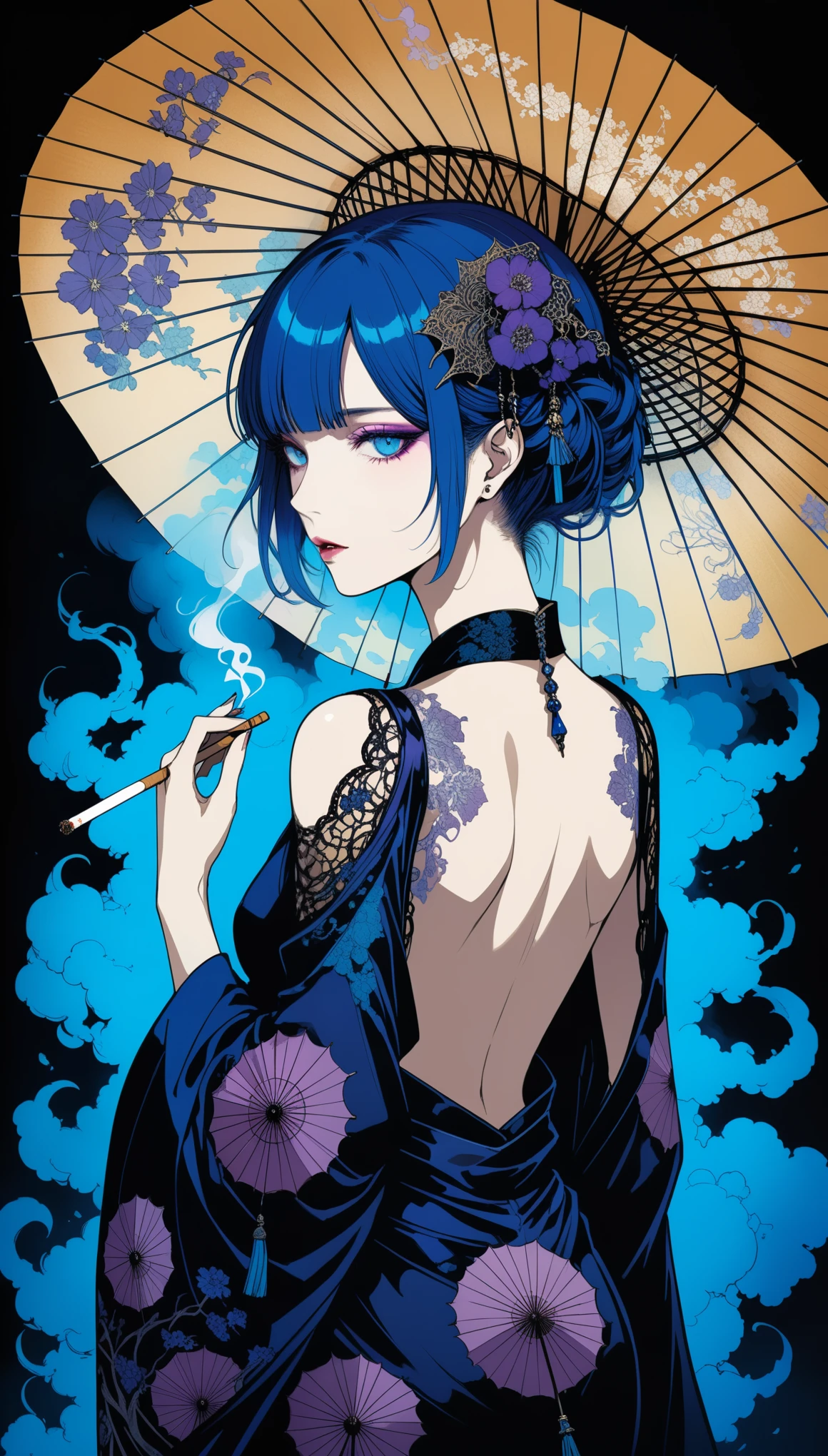 (in style of Harry Clarke:1.1),in style of Santiago Caruso,
1girl,short blue hair,gorgeous oil-paper umbrella,the dark purple pupils glow,no rain,eye to eye,(smoking:1.3),smooth back,bare shoulders,bare_back,a black noble kimono with shoulders exposed,
BREAK
(neon-glowing blue smoke:1.5),absolute darkness,black art,(from behind:1.2),portrait close-up,darkness,blue tones in the dark,backlight,low light,it brings out a quiet and cold atmosphere,