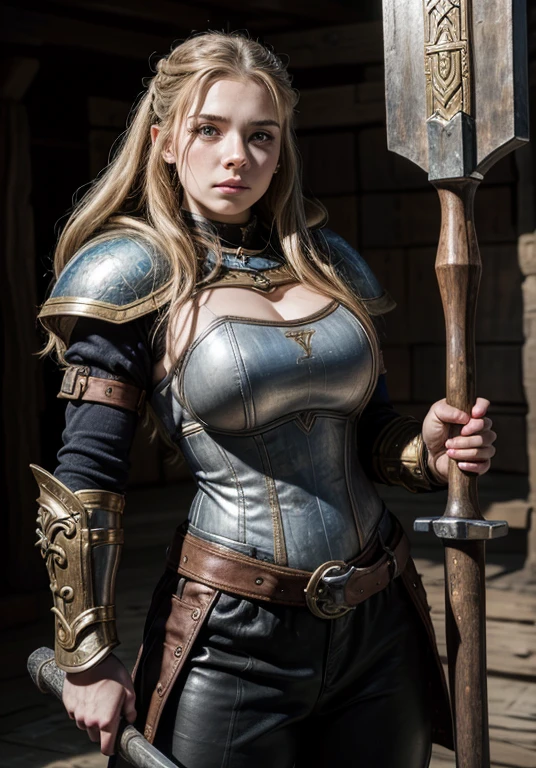8k, masterpiece, best quality, realistic, higly detailed, full body, 1female, solo, dnd, d&d, dungeons and dragons, dungeons & dragons, rpg, bard, very beautiful smiling walking girl, blonde hair, blu eyes, studded leather heavy armor bodice, sexy girl, leather medium skirt, foil to the side, high boots