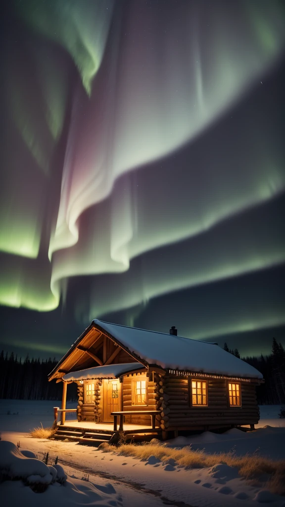 4K image, high-quality image, cloudy sky, Northern Lights, yellowish trees, falling leaves, a wooden hut, dimmed light