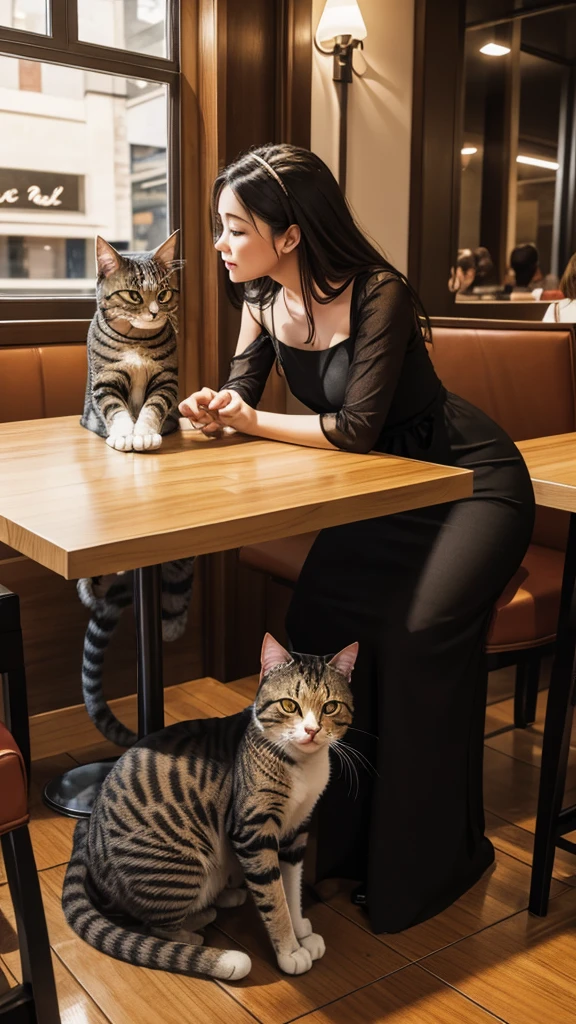 a cat and lady cat meeting each other in the resturant