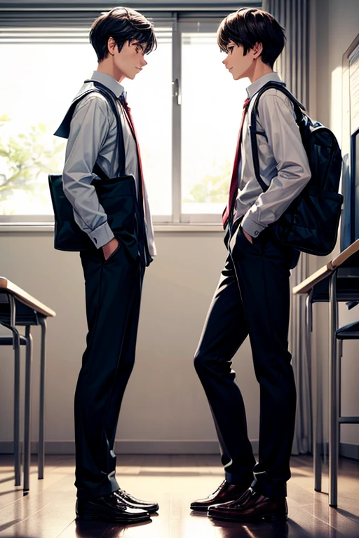 Two male students stand facing each other looking face to face, serious facial expressions and a small space between the two, they look at each other inside the classroom, the first boy in school is a little taller than the other and they are a few steps away 