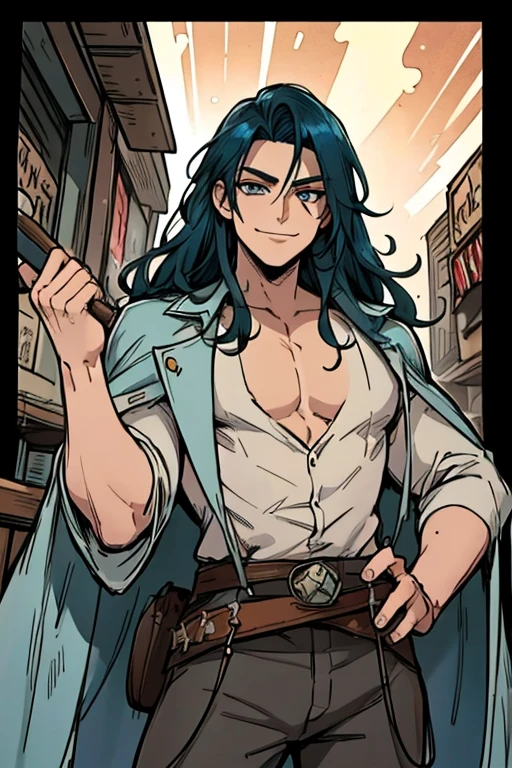 Perfect face. Perfect Hands. A muscular blue haired cowboy with gray eyes with long hair in a sheriff's outfit is watching the stars with a big smile in a wild west town