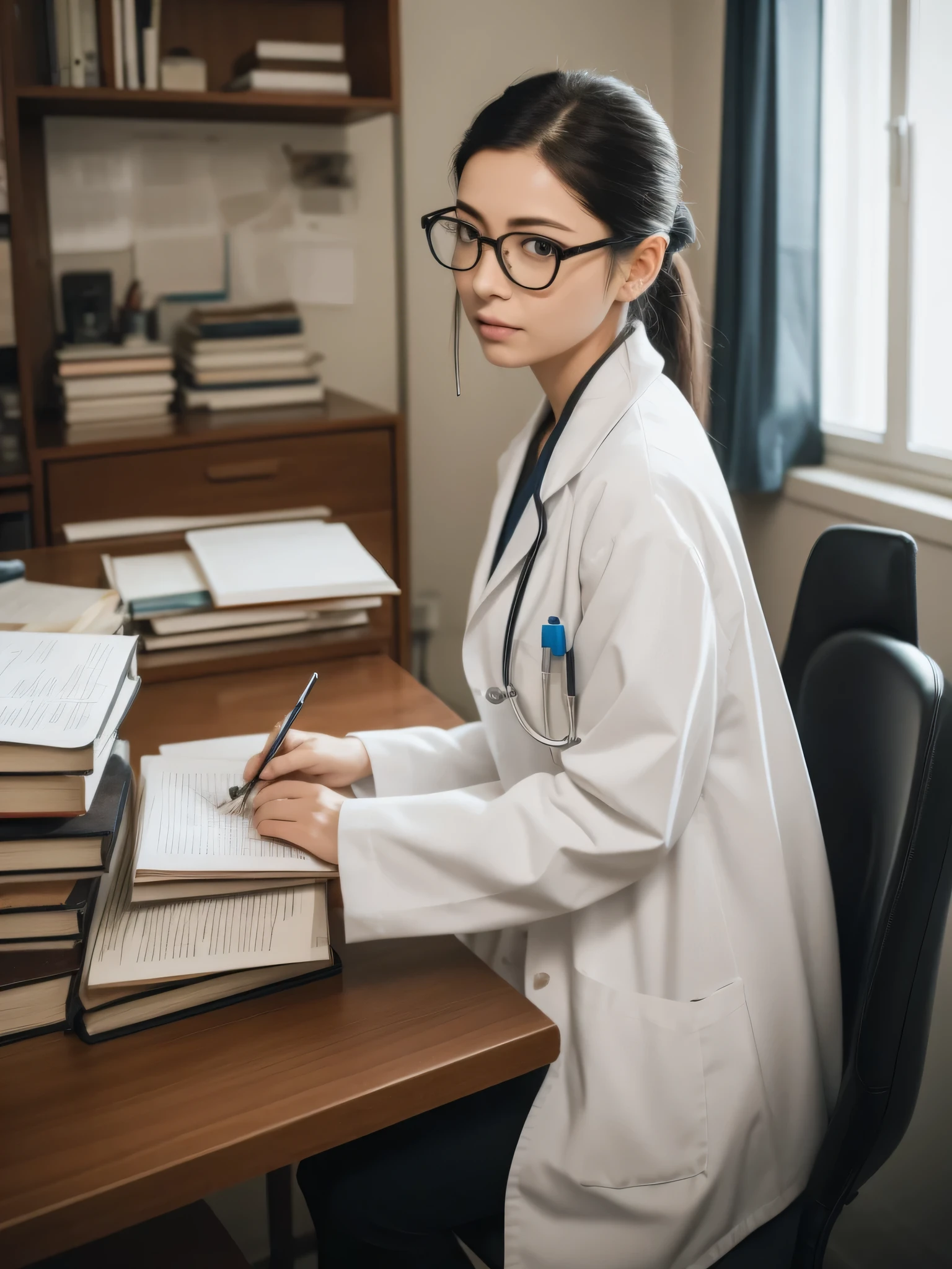 A female doctor is sitting at her desk, deeply focused. She is wearing a pristine white lab coat, with a collar and cuffs that are exceptionally clean. Her hair is neatly tied back, revealing a delicate face. Behind her glasses, her eyes sparkle with wisdom as she intently examines the medical records in her hands. The desk is cluttered with medical books and documents, adding a touch of disorder to the workspace.