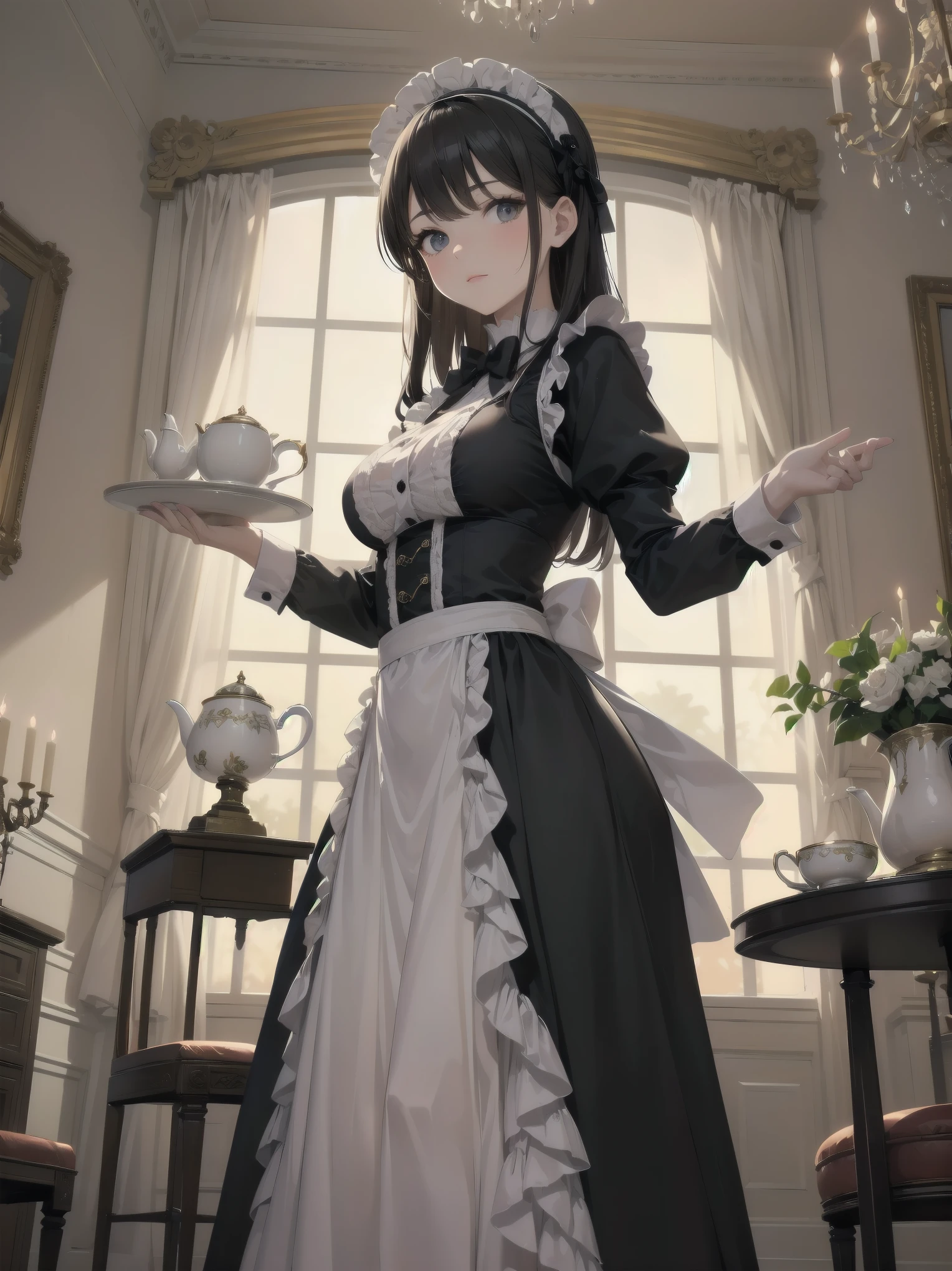 Illustration of a beautiful girl in a cute pose,(Masterpiece: 1.2), (Best quality: 1.2), A cute girl with long black hair, dressed in a classic black and white maid outfit with frilly lace and a matching headband, is standing in a beautifully decorated Victorian-style parlor. She is holding a silver tray with a teapot and teacup, her expression a mix of professionalism and warmth. The background includes ornate furniture, a chandelier, and large windows with heavy drapes, all bathed in soft afternoon light. This illustration emphasizes the elegant and welcoming atmosphere of a high-class tea service