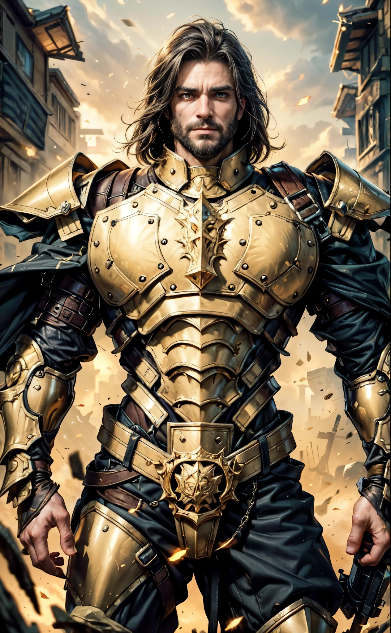 (masterpiece:1.2, best quality:1.2, extremely delicate:1.2), ((male:1.5)), a middle-aged man with long blue-black hair, thick eyebrows, sharp eyes, a wild smile, (a dense beard:1.2), (a huge scar down the middle of his face:1.2), a tall and robust build, ((luxurious golden high-collar chest armor without shoulder guards:1.3)), revealing his muscular abs, a short-sleeved undershirt, a metal belt, short skirt armor, canvas trousers, a cape flutters in the wind behind him, stands majestically on a desolate battlefield, this character embodies a finely crafted fantasy-style overlord in anime style, exquisite and mature manga art style, dramatic, high definition, highres, ultra-detailed, ultra-fine painting, professional, perfect body proportions, golden ratio, anatomically correct, symmetrical face, extremely detailed eyes and face, high quality eyes, creativity, RAW photo, UHD, 32k, Natural light, cinematic lighting, masterpiece-anatomy-perfect