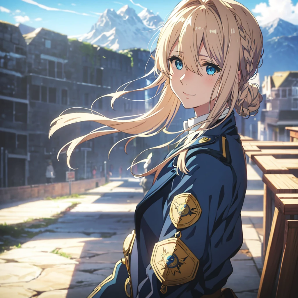 violet evergarden masterpiece, best quality, 1girl, solo, blonde hair, blue eyes, braid, hair between eyes, sky, smile, blurry, looking at viewer, bangs, closed mouth, blue jacket, hair intakes, cloud, jacket, outdoors, blurry background, mountain, day