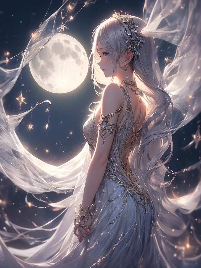 (masterpiece:1.2),(4k),high quality,(perfect anatomy),((arms behind side)),(1 girl),(goddess of the moon),Artemis,silver long hair,beautiful detailed blue eyes,a shy smile,look at viewer,(bioluminescent dress),Undeservedly beautiful,dreamy romantic,fantastic and dreamy theme,mysterious atmosphere,enchanting dream,fantastical scenes,Add a dramatic and symbolic element to your scene,(silver moon),(silver moon light)