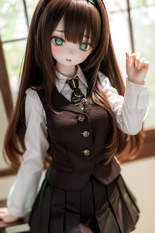 (SFW:2), photorealistic, realistic photo, 8k, ((highest quality)), ((masterpiece)), (extremely detailed), kukolnydom, doll, (mature woman, 22yo, 22 years old, solo:1.6), ((cowboy shot, dynamic pose, slim, slender, skinny, medium breasts, hairband, ascot, vest, blouse, long puff sleeves, pleated skirt, black pantyhose)), (green eyes, brown hair, long hair, plastic skin, looking at another, glass eyes, gradient eyes, shining eyes, detailed eyes:1.3)