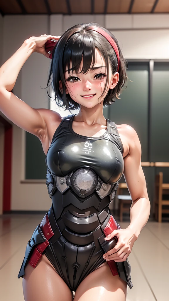 Highest quality 8k Red Battle Suit Girl Elementary school girl Sweaty face Cute Smile short hair boyish Steam coming out of my head My hair is wet with sweat Black Hair