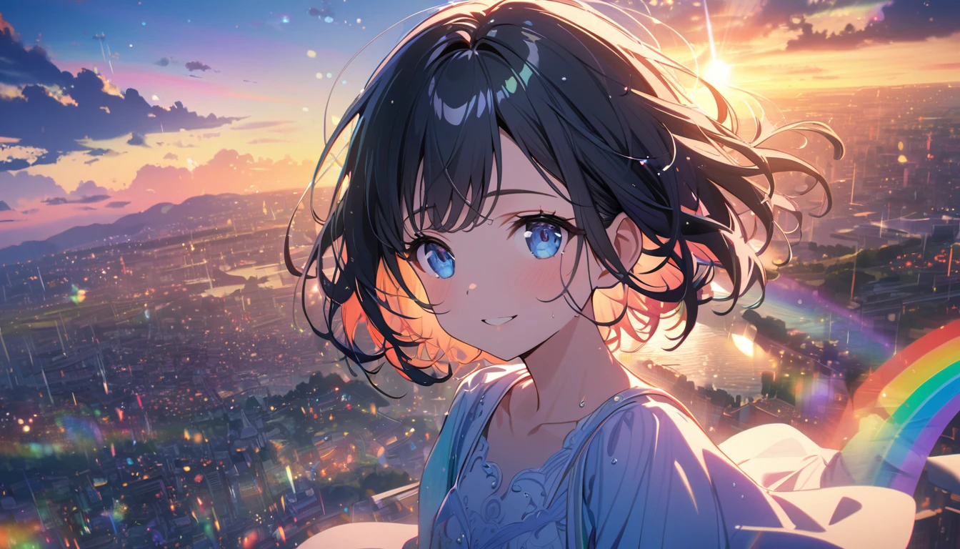 Angelic, beautiful 1girl, solo, gentle smile on her face flat chest, short hair, black hair, beautiful blue eyes, detailed woman, sunrise, rainbow, after the rain, horizon, in the sky, city , lens flare, colorful, high-res, 8K