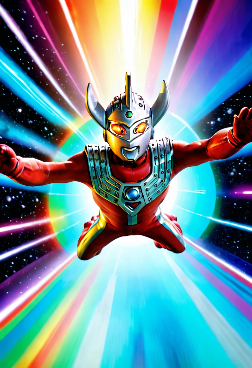 Ultraman Taro, flying, flying in space, sublight speed, inter-space drive, flying through a rainbow-colored undulating sub-space tunnel with arms outstretched, flying face down with body straightened, face up and face down, body straightened and stretched out, arms stretched out straight in front of you, 4K, Photorealistic, Portrait, male focus, highres, clear,diagonally forward