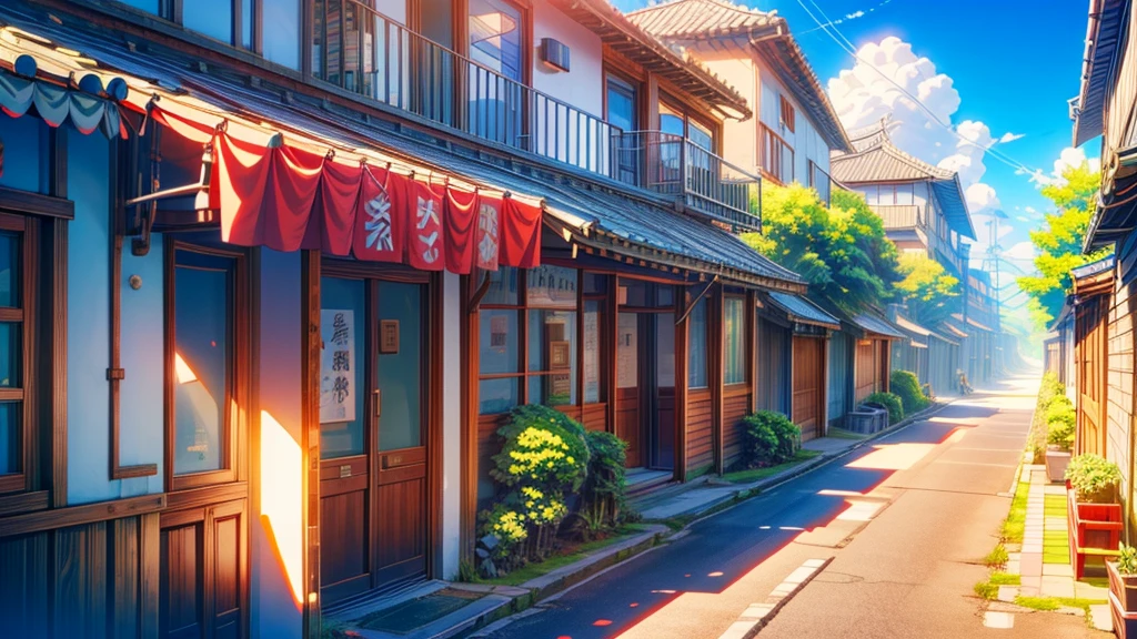 Miyazaki style, HD 4K Wallpaper, The town streets are lined with trees,Blue sky and white clouds,Good sunshine,There are small shops on both sides,Small Cafe,Small Book Bar,Healing style