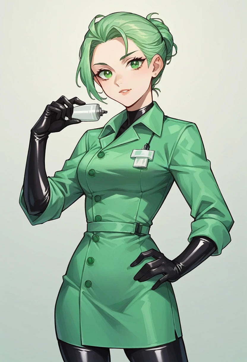 1girl, ((black elbow gloves)), ((surgical gloves)), ((latex gloves)), ((((long sleeves)))), ((green surgeon outfit)), looking at viewer, ((green doctor outfit)), standing, solo