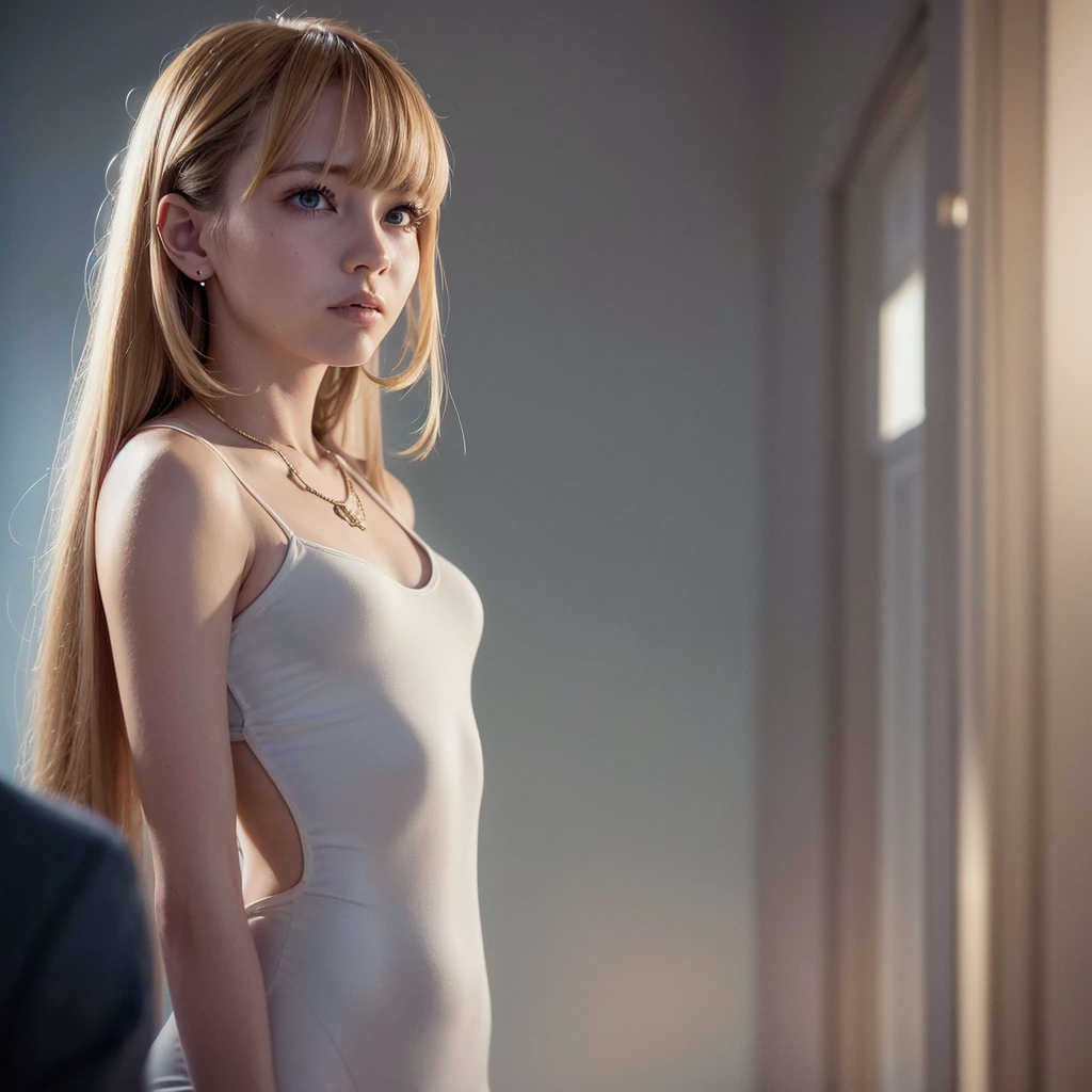 (8k,4k,highest quality,high resolution:1.1),(realistic, realistic: 1.1),close up of european man,young girl,1 girl,alone,face,twin tails,bangs,short golden hair,necklace,earrings,lips,eye shadow, jewelry,(golden hair),(beautiful),(Are standing),(small hips),downtown,natural skin texture,24mm,4K texture,soft movie-like light,RAW photo, photorealism,realistic,Complex,elegant, highly be familiar with,sharp focus,((((cinematic look)))),soothing tone,insane details, Complex details,hyperbe familiar with,low contrast, soft movie-like light,dim color,exposure blend,HDR,faded,spaghetti straps,be familiar with, high contrast,  