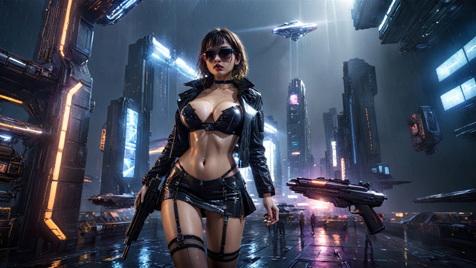 (((aerial view))), Blade Runner style futuristic space station platform, flying cars, neon lights, rainy night. (1girl, solo, alone), large-breast:1.2 slim body, cleavage:1.1, sexy laced lingerie, low angle view miniskirt, jacket, (black sunglasses), (((she raised a pistol:1.8 and shot the viewer))), dynamic pose, (((half-body thigh level medium shot))), cinematic lighting, lens flare, ray tracing.