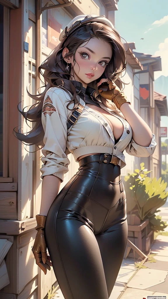 western girl,1girl,
(large breasts:1.5),((brunette hair,long brunette hair)),(((brown_eyes:1.3))),intricate eyes,beautiful detailed eyes,symmetrical eyes,((((lustrous skin:1.5,bright skin: 1.5,shiny skin,very shiny skin,shiny body)))),(spider lower abdomen,narrow waist,wide hip,athletic body,inflated legs,thick thighs),(((detailed face))),beautiful detailed lips, tiny waist,
cute,slutty,sensual,seductive look,seductive,((erotic)),(((nsfw))),
((cowboy hat:1.5, cowboy western)), ((leather legging)), rogue, cheerful, western, leather chaps,navel,(brown gloves,(fingerless gloves)),cleavage,
dynamic pose,looking at viewer,embarrassed,centered,scale to fit dimensions,Rule of thirds,
outdoors,(in the mountains. Nevada desert visible. sunset),scenery,extremely scenery,(sunset, golden hour),
(Glossy old western ornaments),highres,sharp focus,(ultra detailed,extremely detailed),(photorealistic artwork:1.37),(extremely detailed CG unity 8k wallpaper),(((vibrant colors,vibrant theme))),(intricate),(masterpiece),(best quality),artistic photography,(photography taken by sldr),(intricate background),perfect rendered face,perfect face details,realistic face,photo realistic,((intricate detail)),(((realism))),