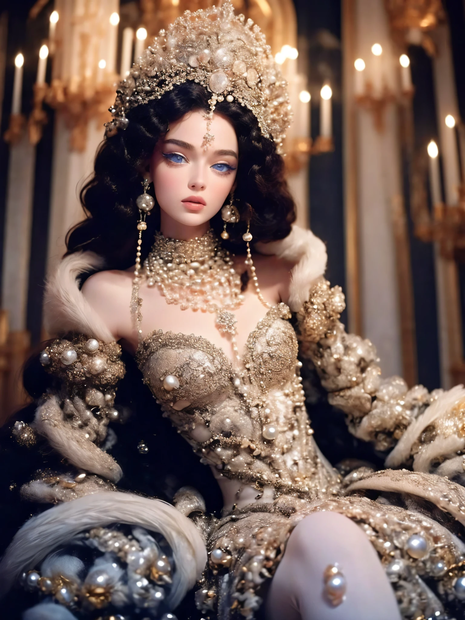 (best quality,ultra realist:1.2),A high resolution ,ultra detail, a young French courtesan of the fourteenth century, , beautiful woman in exquisite black and red costume ,Fine jewelry, like pearls and rubies. pale skin, Curly silver hair with small strands, beautiful expressive blue-grey eyes ,beautiful detailed lips,, Beautiful and elegant and delicate personality.