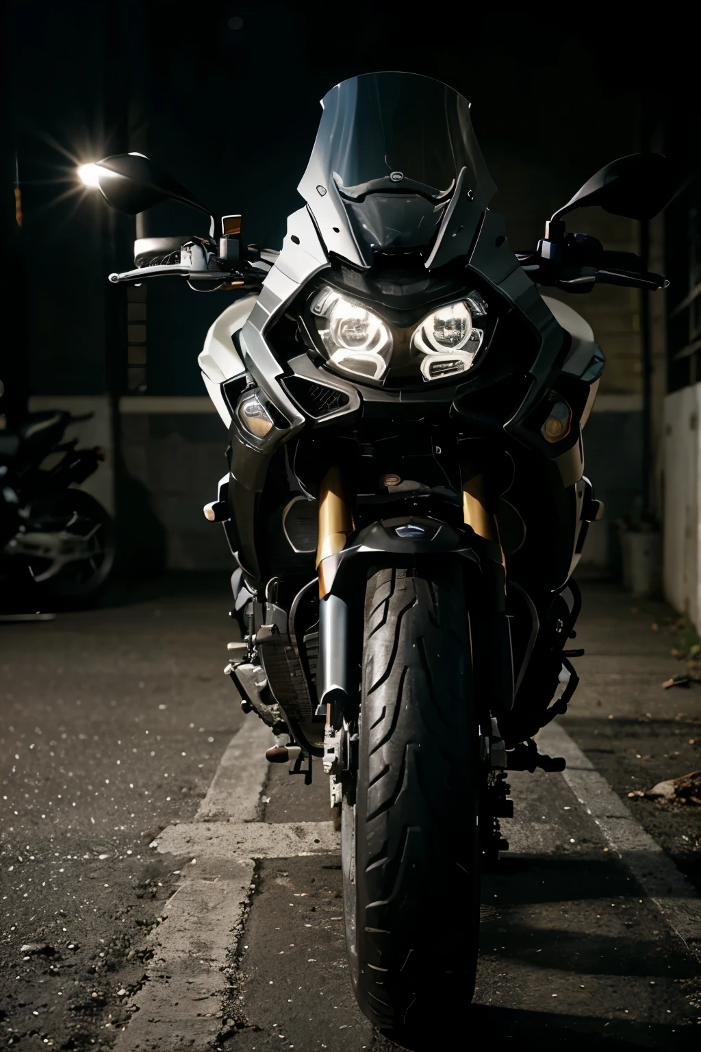 Create a captivating photograph of a BMW GS motorcycle against a profoundly dark background. This stunning image features the sleek outline of the motorcycle, bathed in a soft, ambient light that subtly highlights its intricate details and metallic sheen. The motorcycle's headlights pierce the darkness, casting a narrow beam of light that outlines its sharp edges and powerful stance. The dark backdrop emphasizes the motorcycle's presence and sophistication, while the intricate details of the engine and exterior are accentuated by the shallow depth of field. The overall effect is that of a high-budget, cinematic masterpiece, showcasing the BMW GS as a