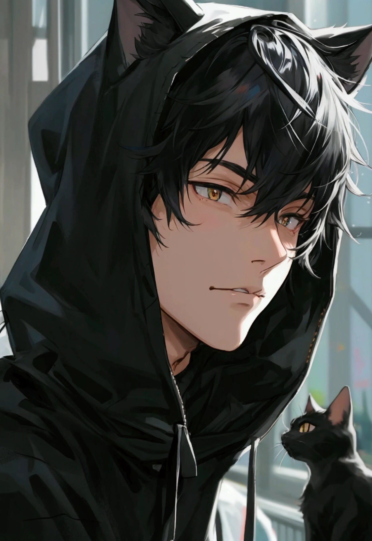 Black Hair, male, hoodie, Black cat, Kedaruge
