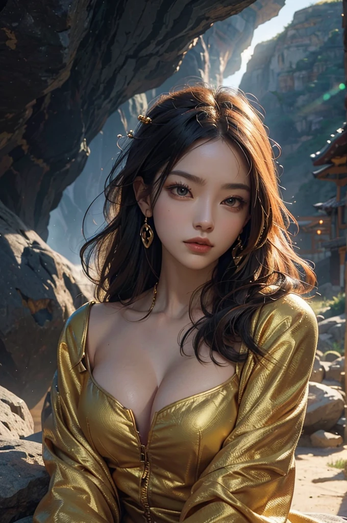 So sublime and divine々Beautiful golden dragon(Dragon face close-up)is coiled up and floating in the center of the screen, glaring at the camera.。The surrounding area is a canyon where no one can get close, and lightning is flashing in the background.、The sun is shining brightly, nsfw, all upper body shot, open v chest clothes, Huge