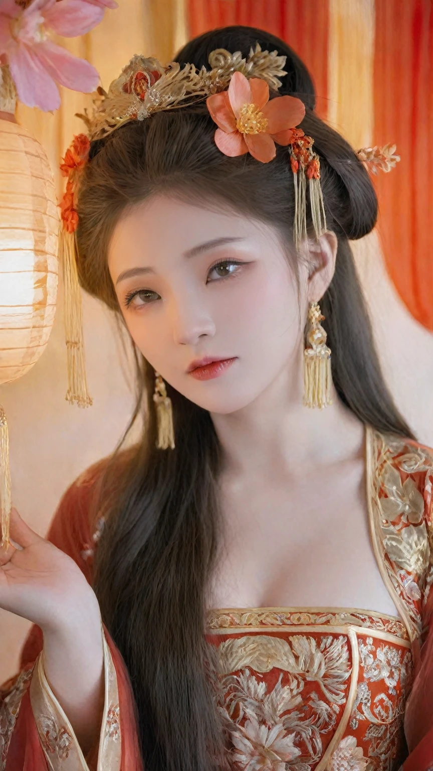 best quality,masterpiece,highres,(exquisite body:1.5),gorgeous face,(milky skin:1.3),intricate details,high resolution,wallpaper,1girl,solo,dress,hair ornament,(((gold and red dress))),flowers,long hair,brown hair,closed mouth,jewelry,long sleeves,wide sleeves,big eyes,floating hair,chinese clothes,hanfu,embroidery,long skirt,natural pose,falling petals,indoor,fanning,lantern,16K,HDR,highres,depth field,(film grain:1.1),boken,golden hour,(lens flare),vignette,rainbowing,(color grading:1.5),(large breasts:1.2),(upper body:1.3),looking at viewer,The antler headdress