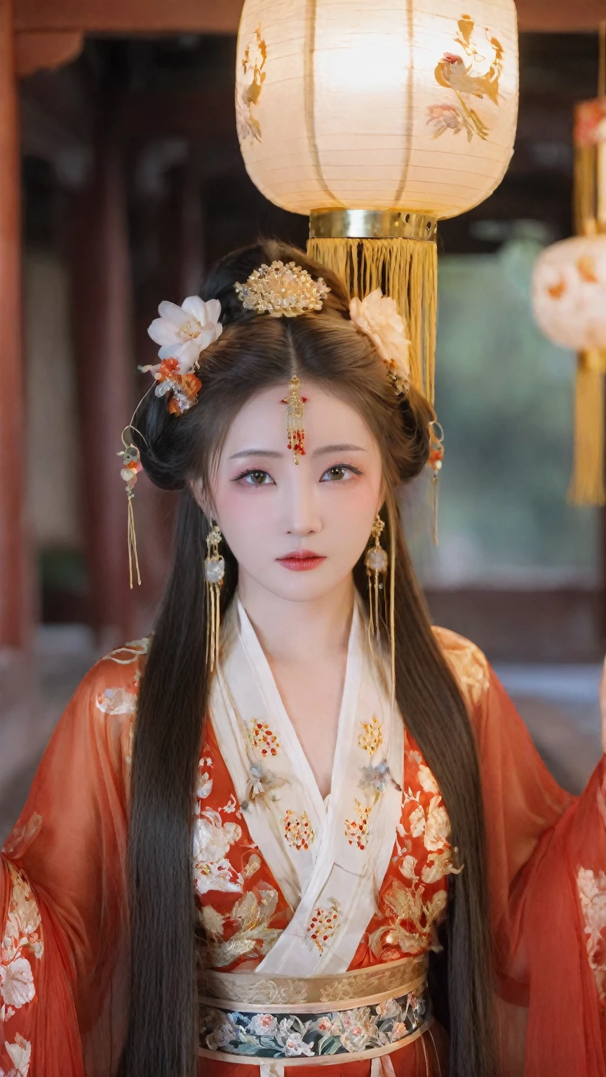 best quality,masterpiece,highres,(exquisite body:1.5),gorgeous face,(milky skin:1.3),intricate details,high resolution,wallpaper,1girl,solo,dress,hair ornament,(((gold and red dress))),flowers,long hair,brown hair,closed mouth,jewelry,long sleeves,wide sleeves,big eyes,floating hair,chinese clothes,hanfu,embroidery,long skirt,natural pose,falling petals,indoor,fanning,lantern,16K,HDR,highres,depth field,(film grain:1.1),boken,golden hour,(lens flare),vignette,rainbowing,(color grading:1.5),(large breasts:1.2),(upper body:1.3),looking at viewer,The antler headdress