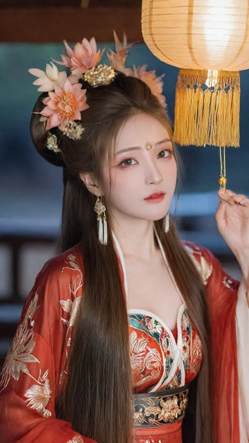 best quality,masterpiece,highres,(exquisite body:1.5),gorgeous face,(milky skin:1.3),intricate details,high resolution,wallpaper,1girl,solo,dress,hair ornament,(((gold and red dress))),flowers,long hair,brown hair,closed mouth,jewelry,long sleeves,wide sleeves,big eyes,floating hair,chinese clothes,hanfu,embroidery,long skirt,natural pose,falling petals,indoor,fanning,lantern,16K,HDR,highres,depth field,(film grain:1.1),boken,golden hour,(lens flare),vignette,rainbowing,(color grading:1.5),(large breasts:1.2),(upper body:1.3),looking at viewer,The antler headdress