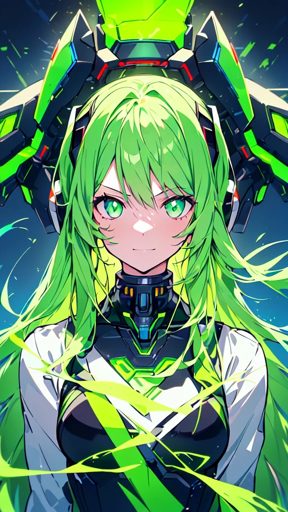 (((masterpiece))), (upper body), 1girl, solo, Green hair, long hair, Green eyes, (slant eyes), science fiction, ((Solo)), (mecha musume:1.5), mechanical parts, headgear, doragon mechanical tails, ((mechanical Black dragon Armor)), Evil smile face, (((neon light green))), Anime style