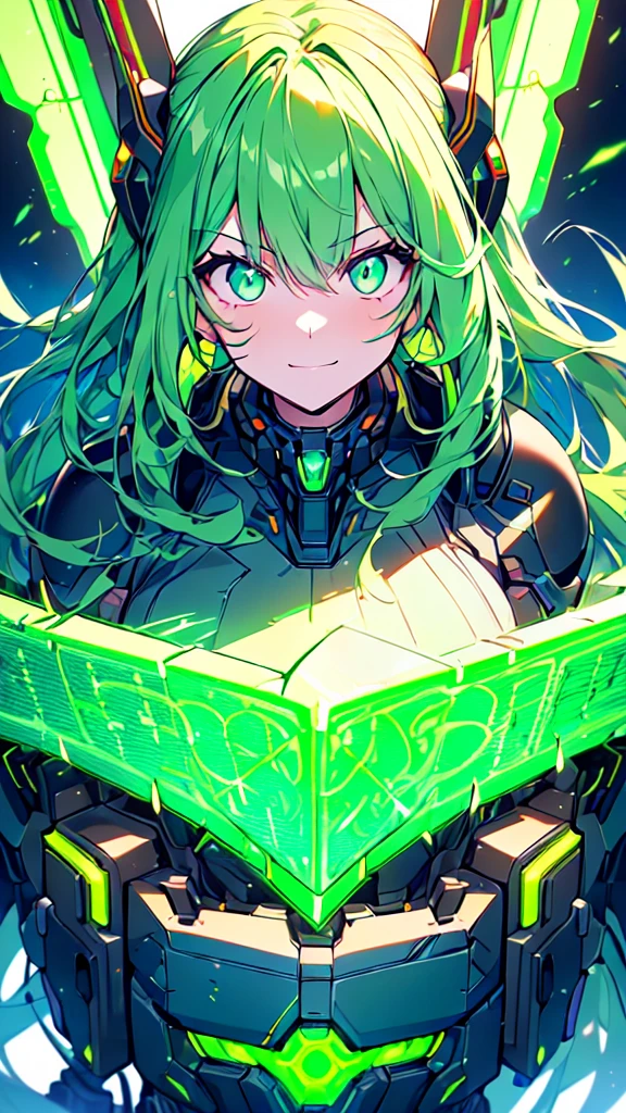 (((masterpiece))), (upper body), 1girl, solo, Green hair, long hair, Green eyes, (slant eyes), science fiction, ((Solo)), (mecha musume:1.5), mechanical parts, headgear, doragon mechanical tails, ((mechanical Black dragon Armor)), Evil smile face, (((neon light green))), Anime style