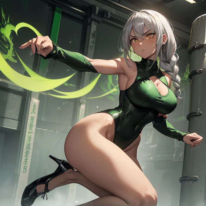 (Master piece, absurdres, best high quality image, high fantasy genre, carefully detailed textures, very detailed image and background)
{{(1character: 27 years old silver hair henchgirl: (tanned skin, yellow eyes, long silver hair tied in a braid, beautiful face, beautiful voluptuous figure, beautiful legs, beautiful arms, big breasts, beautiful hips), (agressive demeanor, serious expression, kung fu combat pose), (green and black leotard, green wristbands, black heeled shoes), (military training room))}}