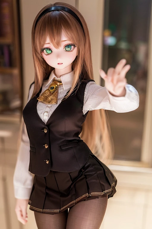(SFW:2), photorealistic, realistic photo, 8k, ((highest quality)), ((masterpiece)), (extremely detailed), kukolnydom, doll, (mature woman, 21yo, 21 years old, solo:1.6), ((cowboy shot, stylish pose, slim, slender, skinny, medium breasts, hairband, ascot, vest, dress shirt, long puff sleeves, pleated skirt, black pantyhose)), (parted lips, green eyes, brown hair, long hair, plastic skin, looking at another, glass eyes, gradient eyes, shining eyes, detailed eyes:1.3)