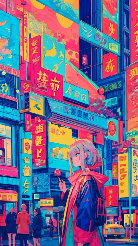 Highest quality, 4K wallpaper, masterpiece, Very detailed CG ユニティ 8k 壁紙, Very fine grain, Very detailed, Intricate details, 中央に1peopleの幸せな女の子のクローズアップ, Retro art style, neon_Pop Art Style, public, Outdoor, road signs, city, people々