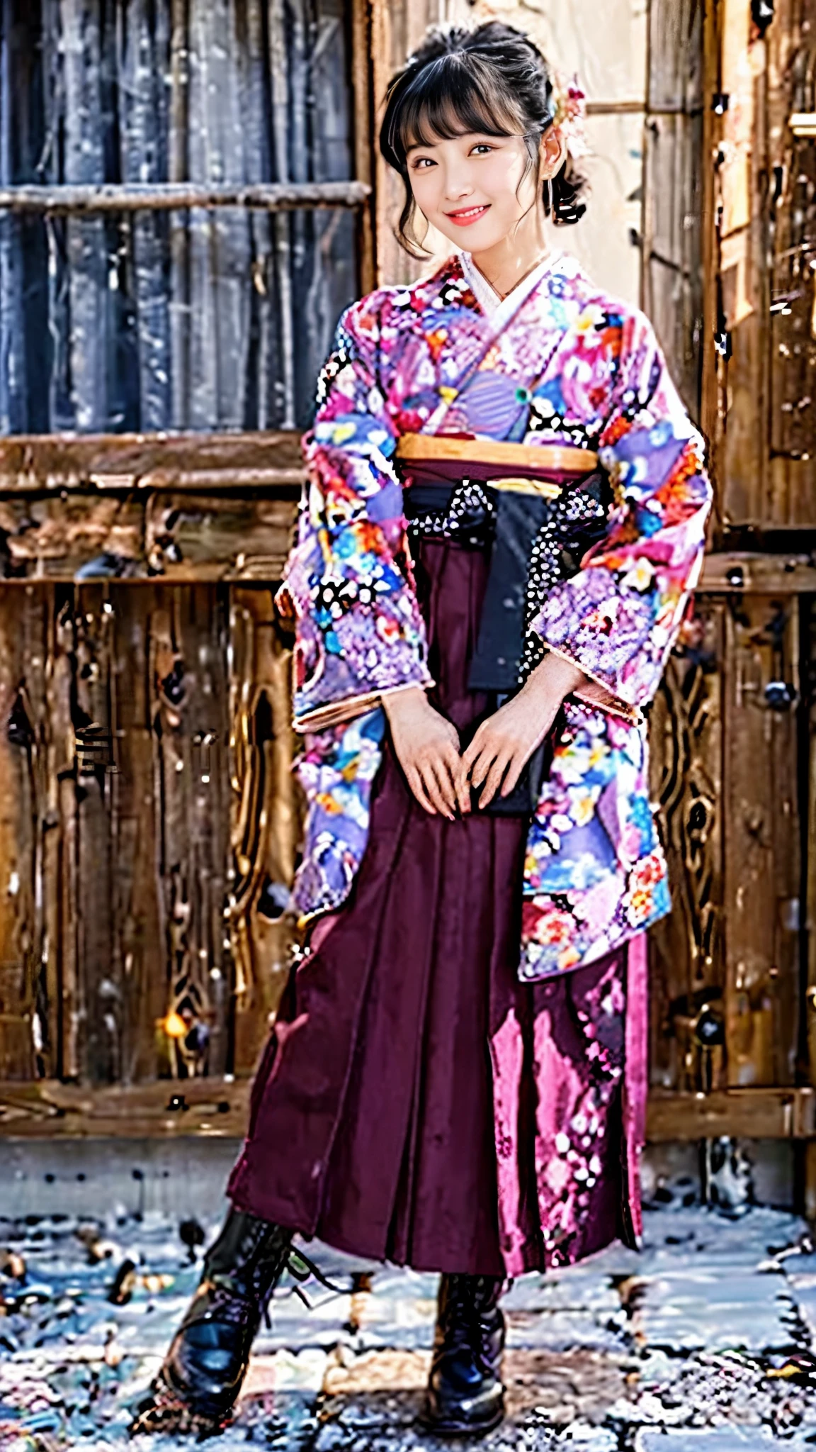 (photoRealstic:1.4),(hyper realisitic:1.4),(realisitic:1.3),(Smooth lighting:1.05),(Improved cinematic lighting:0.9),32K,1 girl,Realistic lighting,raytrace,（japanes:1.4),(Detailed eyes:1.4),16 years old,Black Hair,(smile:1.2),fullbody,(various pose:0.6),hakama, japanese clothes, winered hakama skirt,purple kimono,Yagasuri.cross-laced footwear,knee boots,