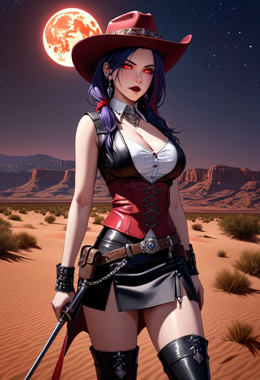 a picture of a female vampire cowboy in the desert night, a goth beauty, exquisite beautiful female vampire, ((anatomically correct: 1.5), (ultra detailed face: 1.2), best detailed face, red glowing eyes, full body, busty, wearing white bottom shirt, short skirt, dynamic color. wearing (cowboy hat: 1.2), wearing high heeled boots, it is night time in the desert, moon light. moon rays, west America desert canyon background, Hyperrealism style, vibrant, Ultra-high resolution, High Contrast, (masterpiece:1.5), highest quality, Best aesthetics), best details, best quality, highres, ultra wide angle, 16k, [ultra detailed], masterpiece, best quality, (extremely detailed) RAW, chumbasket art style, rpg portrait photograph