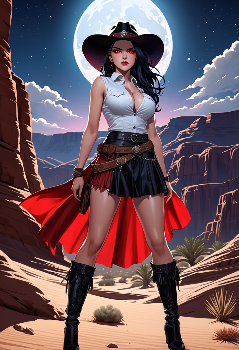 a picture of a female vampire cowboy in the desert night, a goth beauty, exquisite beautiful female vampire, ((anatomically correct: 1.5), (ultra detailed face: 1.2), best detailed face, red glowing eyes, full body, busty, wearing white bottom shirt, short skirt, dynamic color. wearing (cowboy hat: 1.2), wearing high heeled boots, it is night time in the desert, moon light. moon rays, west America desert canyon background, Hyperrealism style, vibrant, Ultra-high resolution, High Contrast, (masterpiece:1.5), highest quality, Best aesthetics), best details, best quality, highres, ultra wide angle, 16k, [ultra detailed], masterpiece, best quality, (extremely detailed) RAW, chumbasket art style, rpg portrait photograph