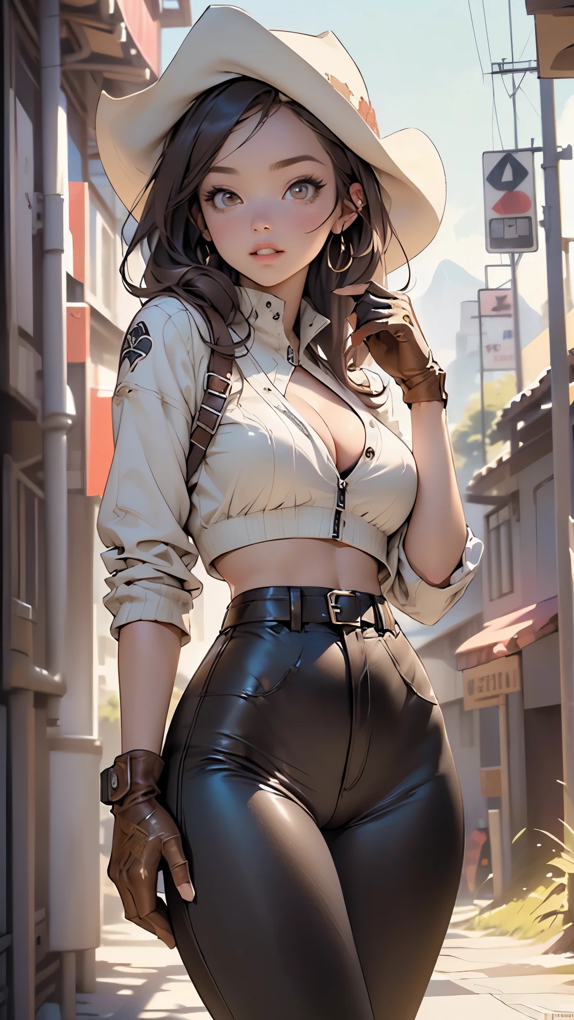 western girl,1girl,
(large breasts:1.5),((brunette hair,long brunette hair)),(((brown_eyes:1.3))),intricate eyes,beautiful detailed eyes,symmetrical eyes,((((lustrous skin:1.5,bright skin: 1.5,shiny skin,very shiny skin,shiny body)))),(spider lower abdomen,narrow waist,wide hip,athletic body,inflated legs,thick thighs),(((detailed face))),beautiful detailed lips, tiny waist,
cute,slutty,sensual,seductive look,seductive,((erotic)),(((nsfw))),
((cowboy hat:1.5, cowboy western)), ((leather legging)), rogue, cheerful, western, leather chaps,navel,(brown gloves,(fingerless gloves)),cleavage,
dynamic pose,looking at viewer,embarrassed,centered,scale to fit dimensions,Rule of thirds,
outdoors,(in the mountains. Nevada desert visible. sunset),scenery,extremely scenery,(sunset, golden hour),
(Glossy old western ornaments),highres,sharp focus,(ultra detailed,extremely detailed),(photorealistic artwork:1.37),(extremely detailed CG unity 8k wallpaper),(((vibrant colors,vibrant theme))),(intricate),(masterpiece),(best quality),artistic photography,(photography taken by sldr),(intricate background),perfect rendered face,perfect face details,realistic face,photo realistic,((intricate detail)),(((realism))),