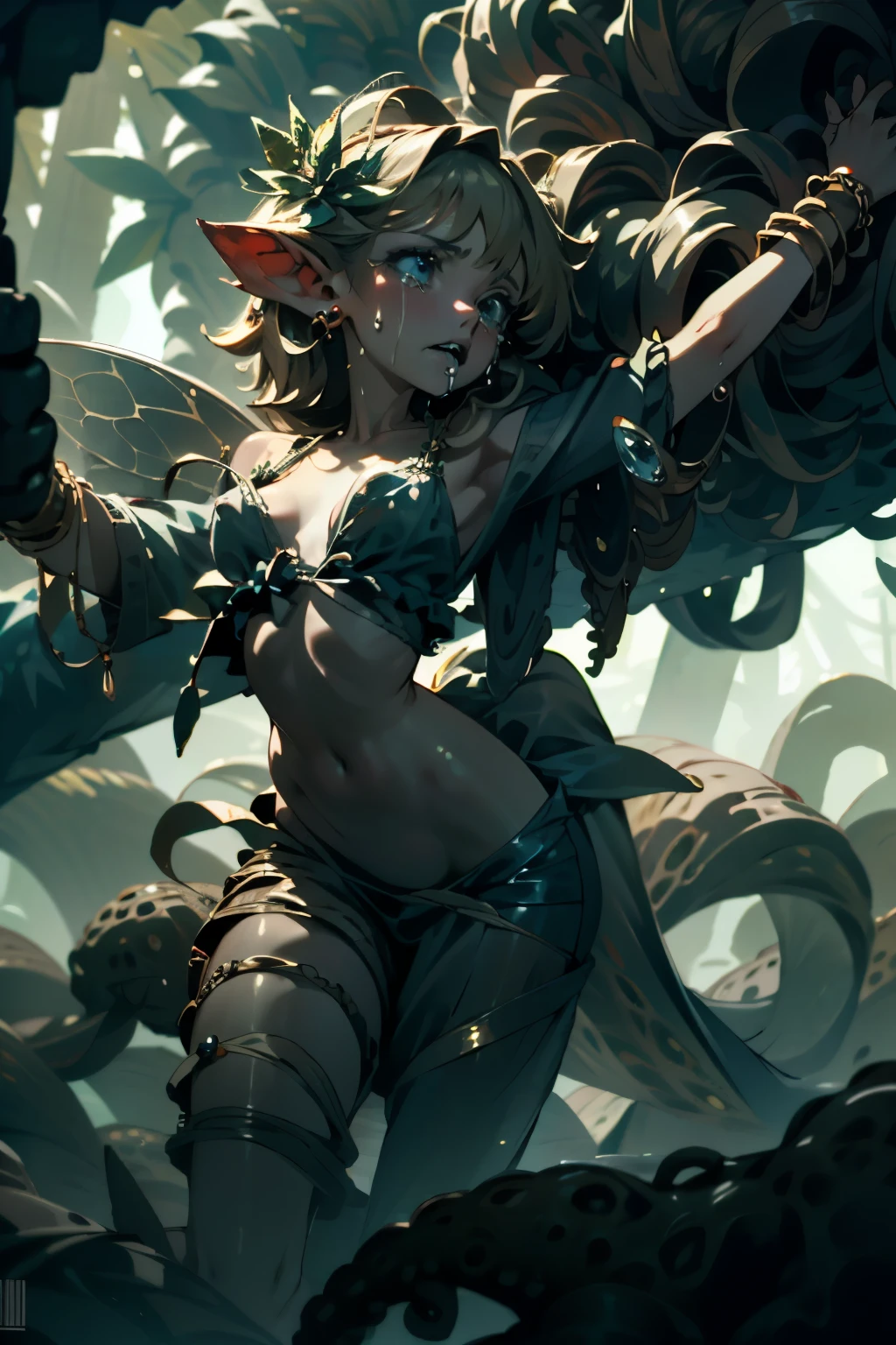  ((best quality)), ((masterpiece)), (detailed), 1 fairy girl, off-shoulder sweater, a fairy, fairy girl, winged pixie girl, girl fairy, various different types of insect wings, small breasts, NSFW，Covered with tentacles, encoiled by tentacles, Tentacles around the body, many tentacles, captured by tentacles, bound by tentacles, trapped by tentacles, Fine details，Tentacled，Tied with tentacles, roaming tentacles, drooling，Crying，horrified expression, panic, fight for survival, Detailed body，Full limbs，NSFW, being pulled into a flower, wild environment, jungle, terrifying floral environment, horrific nature, predatory flora, fairy catcher, fairy trapper, fairy catcher plant, fairy trapper-plant, fairy catcher flower, fairy trapper-flower inspired by carnivorous plants; a plant occupying the equivelant evolutionary niche as a spider would 