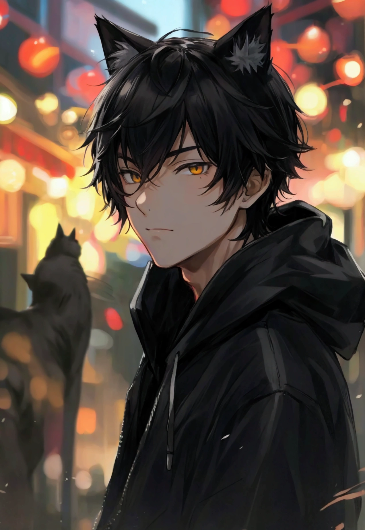 Black Hair, male, hoodie, Black cat, Kedaruge, evening