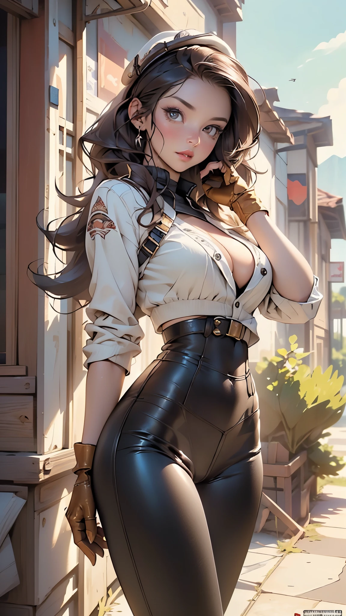 western girl,1girl,

(large breasts:1.5),((brunette hair,long brunette hair)),(((brown_eyes:1.3))),intricate eyes,beautiful detailed eyes,symmetrical eyes,((((lustrous skin:1.5,bright skin: 1.5,shiny skin,very shiny skin,shiny body)))),(spider lower abdomen,narrow waist,wide hip,athletic body,inflated legs,thick thighs),(((detailed face))),beautiful detailed lips, tiny waist,

cute,slutty,sensual,seductive look,seductive,((erotic)),(((nsfw))),
 
((cowboy hat:1.5, cowboy western)), ((leather legging)), rogue, cheerful, western, leather chaps,navel,(brown gloves,(fingerless gloves)),cleavage, 

dynamic pose,looking at viewer,embarrassed,centered,scale to fit dimensions,Rule of thirds,

outdoors,(in the mountains. Nevada desert visible. sunset),scenery,extremely scenery,(sunset, golden hour),

(Glossy old western ornaments),highres,sharp focus,(ultra detailed,extremely detailed),(photorealistic artwork:1.37),(extremely detailed CG unity 8k wallpaper),(((vibrant colors,vibrant theme))),(intricate),(masterpiece),(best quality),artistic photography,(photography taken by sldr),(intricate background),perfect rendered face,perfect face details,realistic face,photo realistic,((intricate detail)),(((realism))),
