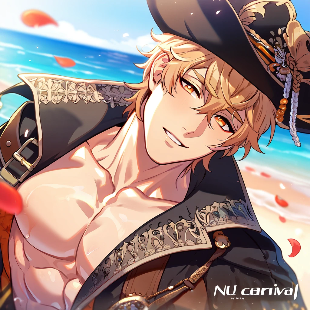 absurdres, highres, ultra detailed, HDR, master piece, best quality, Dante, red hair, long hair, expressive blue eyes, tanned skin, Nu Carnival, solo, sexy man, handsome, horny, lewd, black hat, fantasy black pirate clothes, accessories, showing the chest, beach, sea, petals, flowers