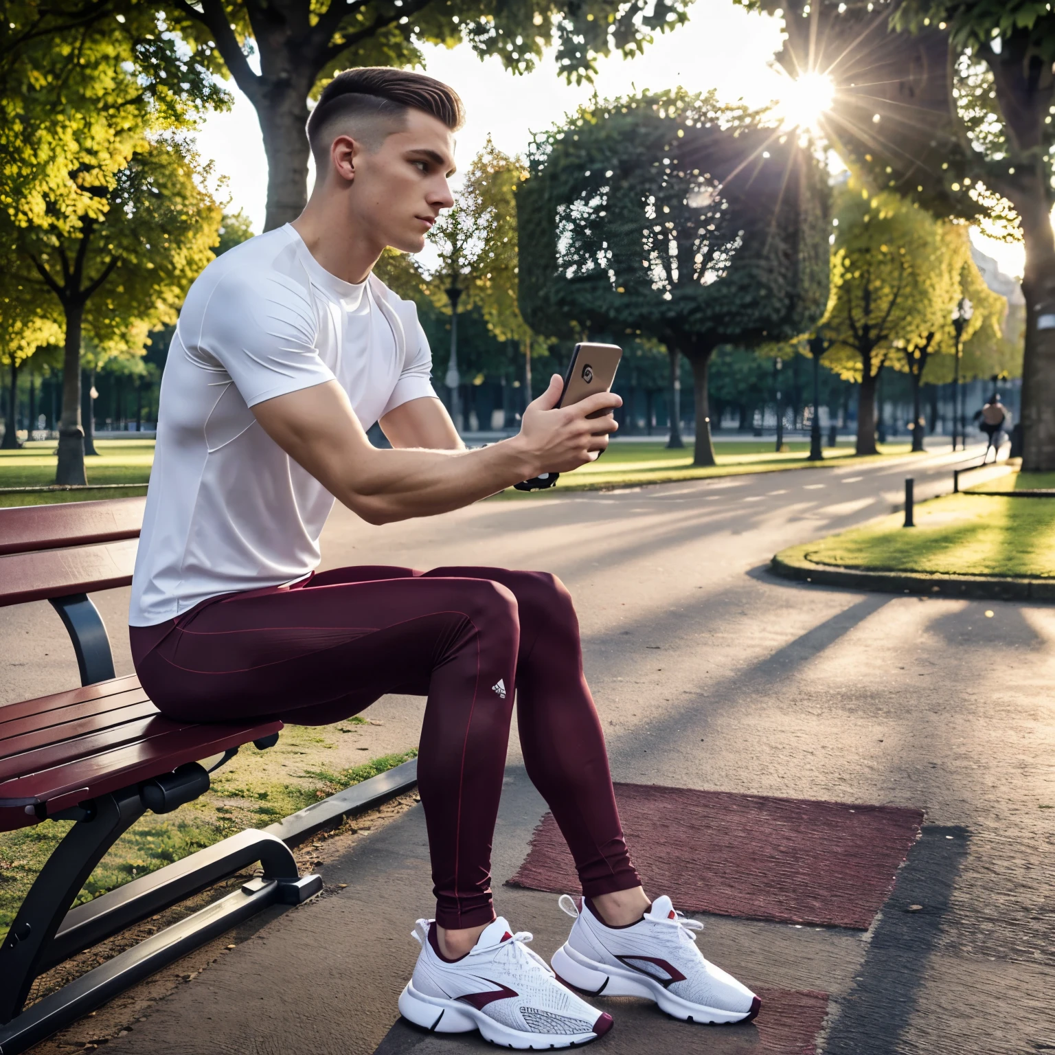 full view, full body, one young white european handsome guy with light-brown undercut haircut, wearing tight lycra t-shirt, burgundy sport tights, white socks and hype futuristic running shoes, seated on bench in parisian parc, resting, waiting for someone, watching smartphone