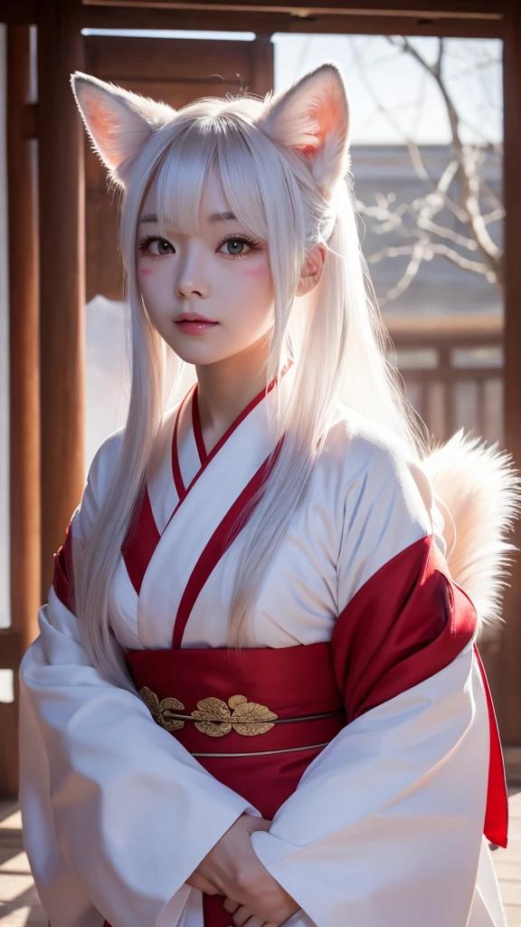 White Demon Fox、Nine-tailed Fox、Japanese women、kimono、Fair skin、Red lines on face、8K、I have long hair