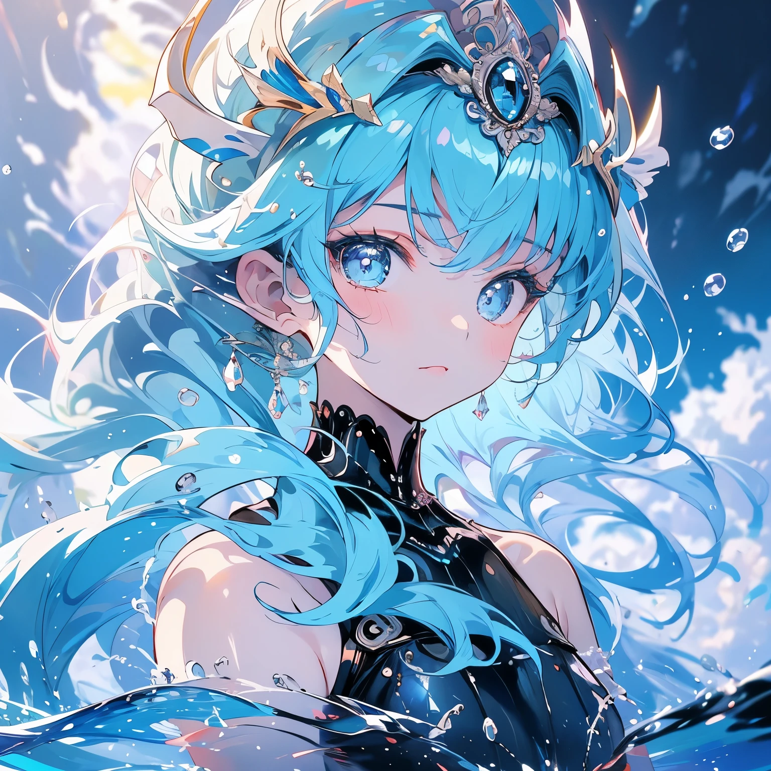 Masterpiece, Blue Hair、Poseidon the Sea King、Detail eyes、Serious face、Blue eyes,Upper Body, Water Background、Splash、(((In the sea)))、Landscape、Tail fin、tiara
