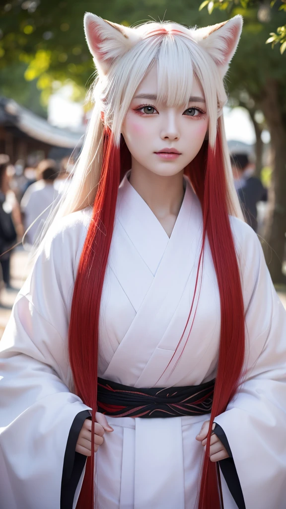 White Demon Fox、Nine-tailed Fox、Japanese women、kimono、Fair skin、Red lines on face、8K、I have long hair