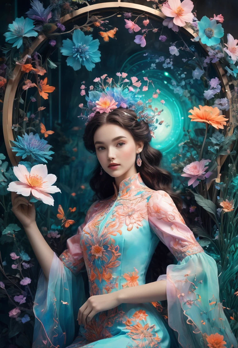 Create a surreal portrait of a woman in an enchanting, fantastical garden. Detailed, expressive features with light blue and pink hues for her skin. Deep, glossy black hair with intricate fine lines. Vibrant, patterned outfit in purples, blues, and greens with floral and geometric patterns, neon highlights. Vivid turquoise sky, bright orange floral elements, magical garden background with floating flowers, glowing plants, and fantastical creatures. Vibrant, contrasting colors with complementary tones, fine details, mix of line work and textures, blending realism with fantasy, visually stunning and imaginative.
