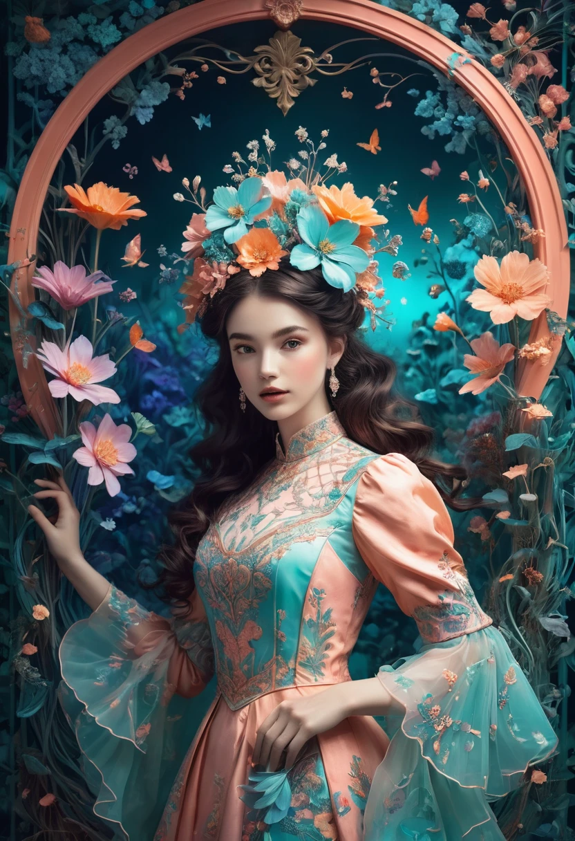 Create a surreal portrait of a woman in an enchanting, fantastical garden. Detailed, expressive features with light blue and pink hues for her skin. Deep, glossy black hair with intricate fine lines. Vibrant, patterned outfit in purples, blues, and greens with floral and geometric patterns, neon highlights. Vivid turquoise sky, bright orange floral elements, magical garden background with floating flowers, glowing plants, and fantastical creatures. Vibrant, contrasting colors with complementary tones, fine details, mix of line work and textures, blending realism with fantasy, visually stunning and imaginative.
