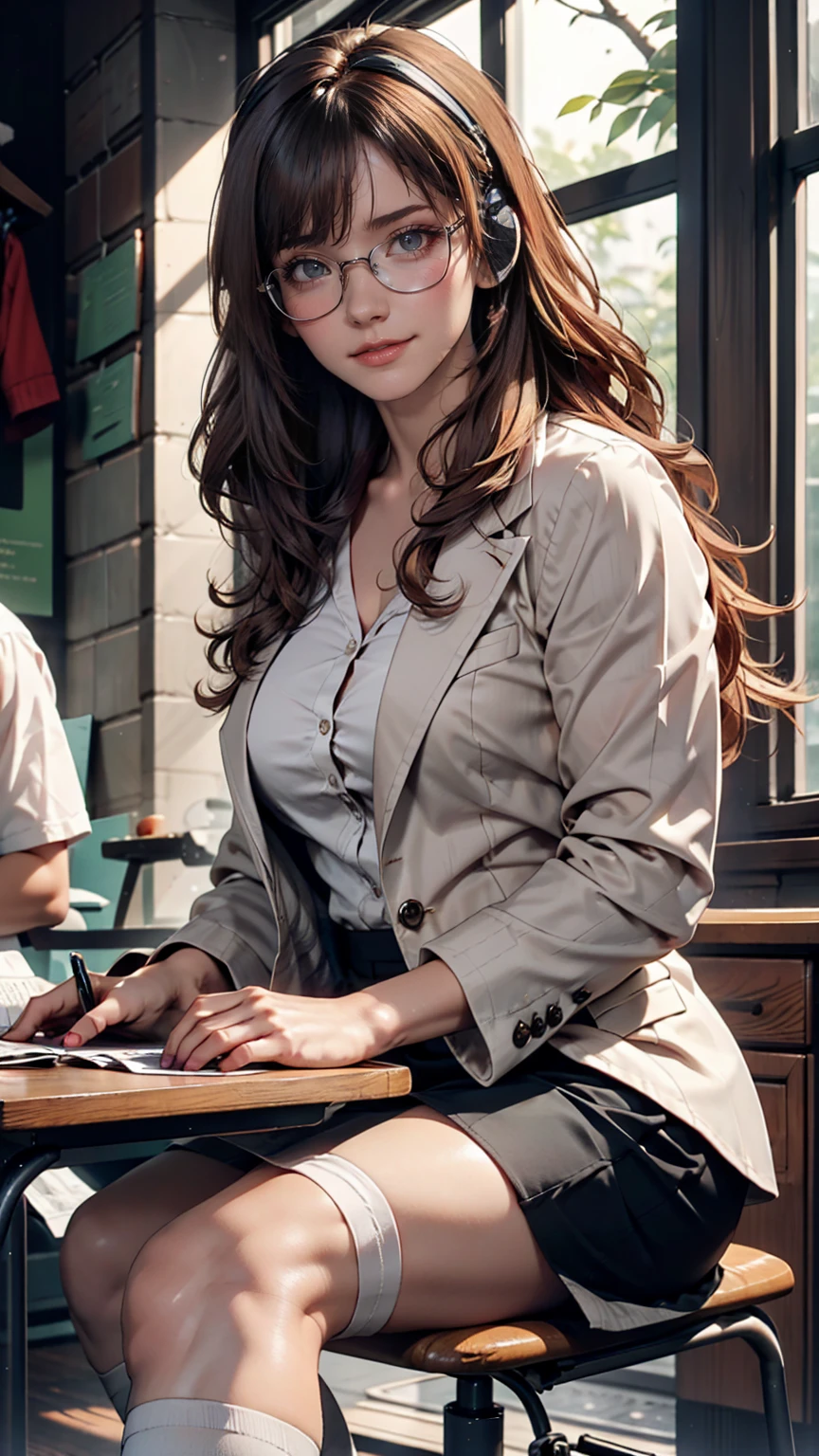 A woman is sitting in a chair with a laptop, 厳格な黒のWearing a business suit, sitting on the desk, In a strict suit, on the desk, Dressed in a strict suit, Japanese Goddess, Knee socks and skirt, She sat at the desk, Sitting at the table, Sitting at a desk, Wearing a business suit, Elegant legs, Seductively facing forward, Crossing your legs, Sakura Futaba, Orange Hair, Blunt bangs, Purple eyes, Purple eyes, Glasses, White button-up shirt, Headphones, thick, Green jacket, 24-year-old woman、Sexy proportionature female body、Sexy proportionakeup、Lips with red lipstick、Textured skin((textured skin))、smile、Narrow waist
