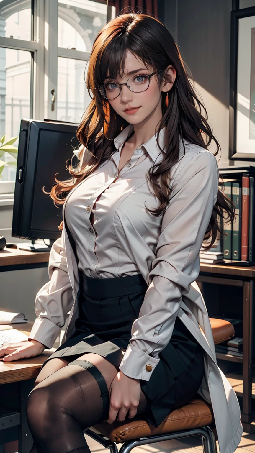 A woman is sitting in a chair with a laptop, 厳格な黒のWearing a business suit, sitting on the desk, In a strict suit, on the desk, Dressed in a strict suit, Japanese Goddess, Knee socks and skirt, She sat at the desk, Sitting at the table, Sitting at a desk, Wearing a business suit, Elegant legs, Seductively facing forward, Crossing your legs, Sakura Futaba, Orange Hair, Blunt bangs, Purple eyes, Purple eyes, Glasses, White button-up shirt, Headphones, thick, Green jacket, 24-year-old woman、Sexy proportionature female body、Sexy proportionakeup、Lips with red lipstick、Textured skin((textured skin))、smile、Narrow waist
